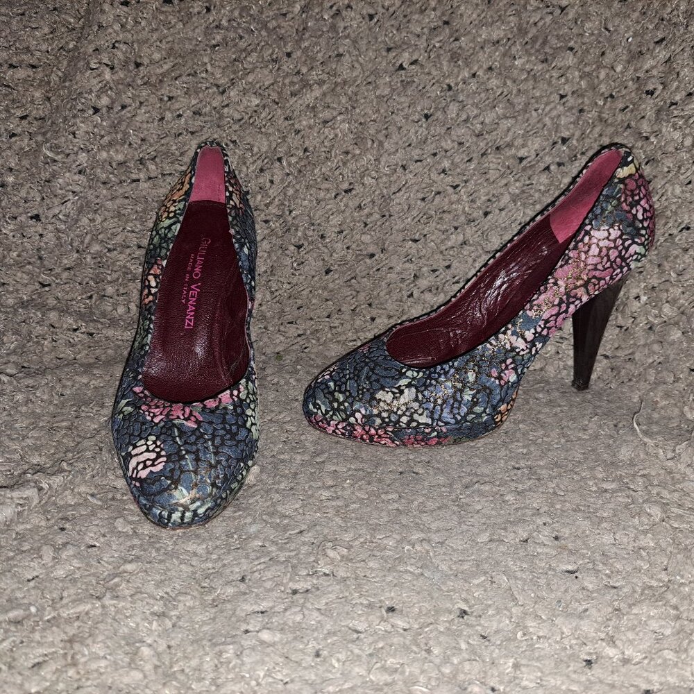 GIULIANO VENANZI Italy-Crackled Nubuck Colorful Florals-Platform-Sz 8-Excellent